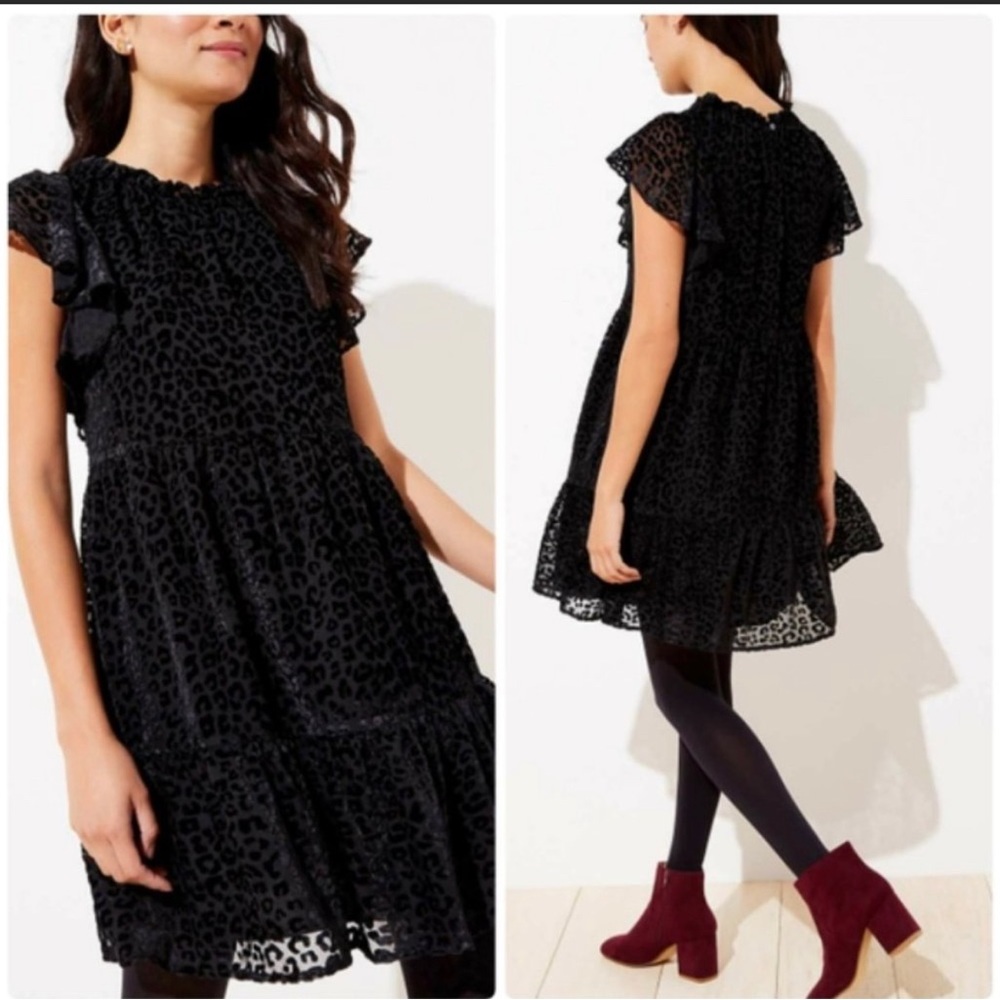 LOFT Leopard Print Velvet Swing TIERED Dress Black SIZE XS NWOT
